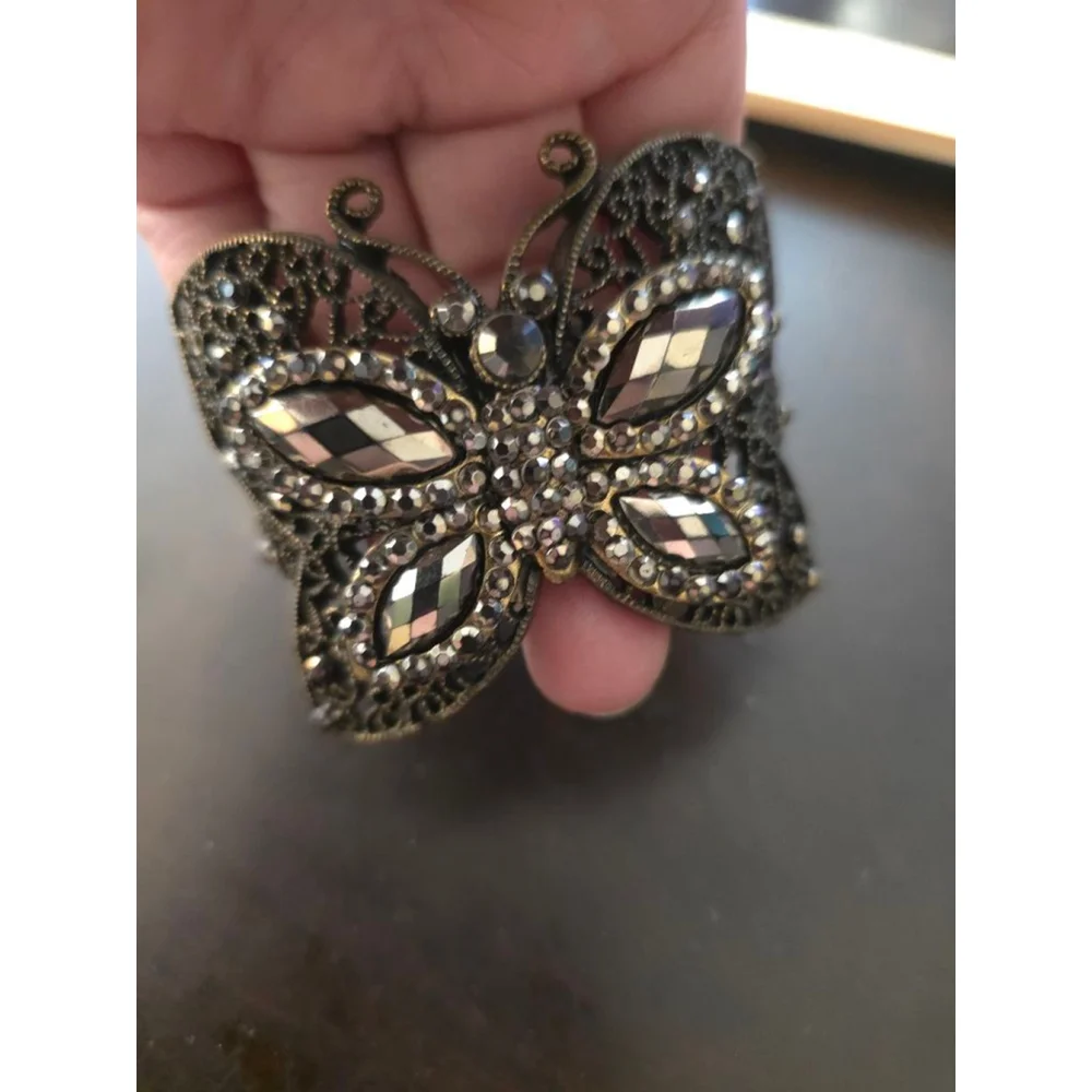 Women's Vintage Whimsigoth Bronze Black Butterfly Rhinestone Hinge Cuff Bracelet